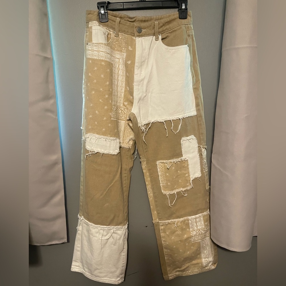 139 Patchwork Tan and Cream Women Jeans - Picture 2 of 2